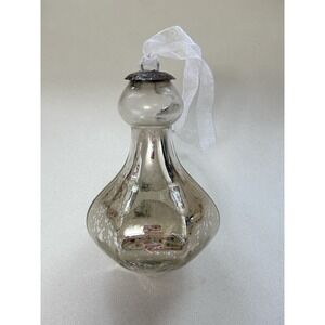 Midwest Kugel Thick Glass Ornament 6" Teardrop Blown Glass Silver Clear White